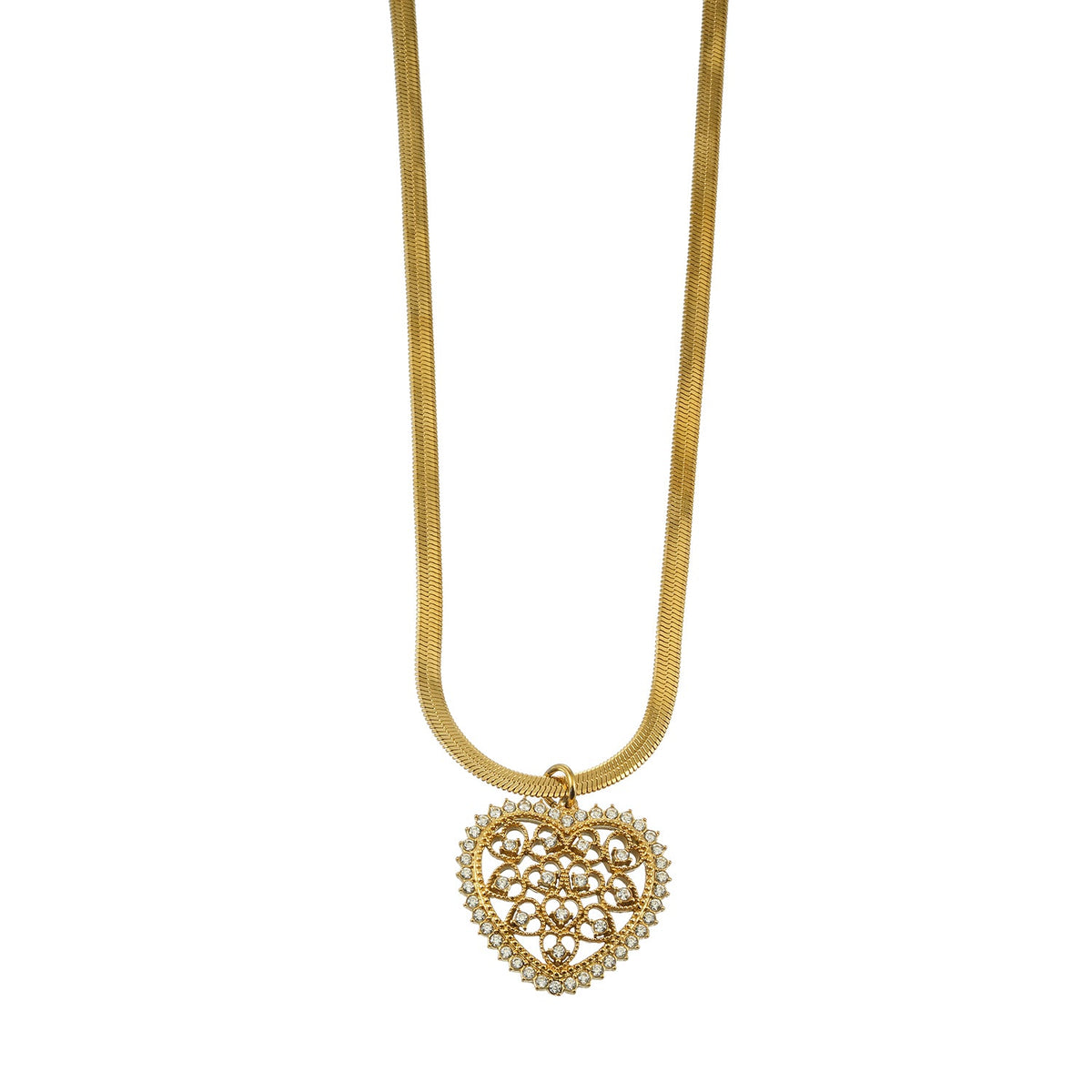 KAARI Gold: Filigree Heart Pendant Necklace with a Snake Skin Textured Chain