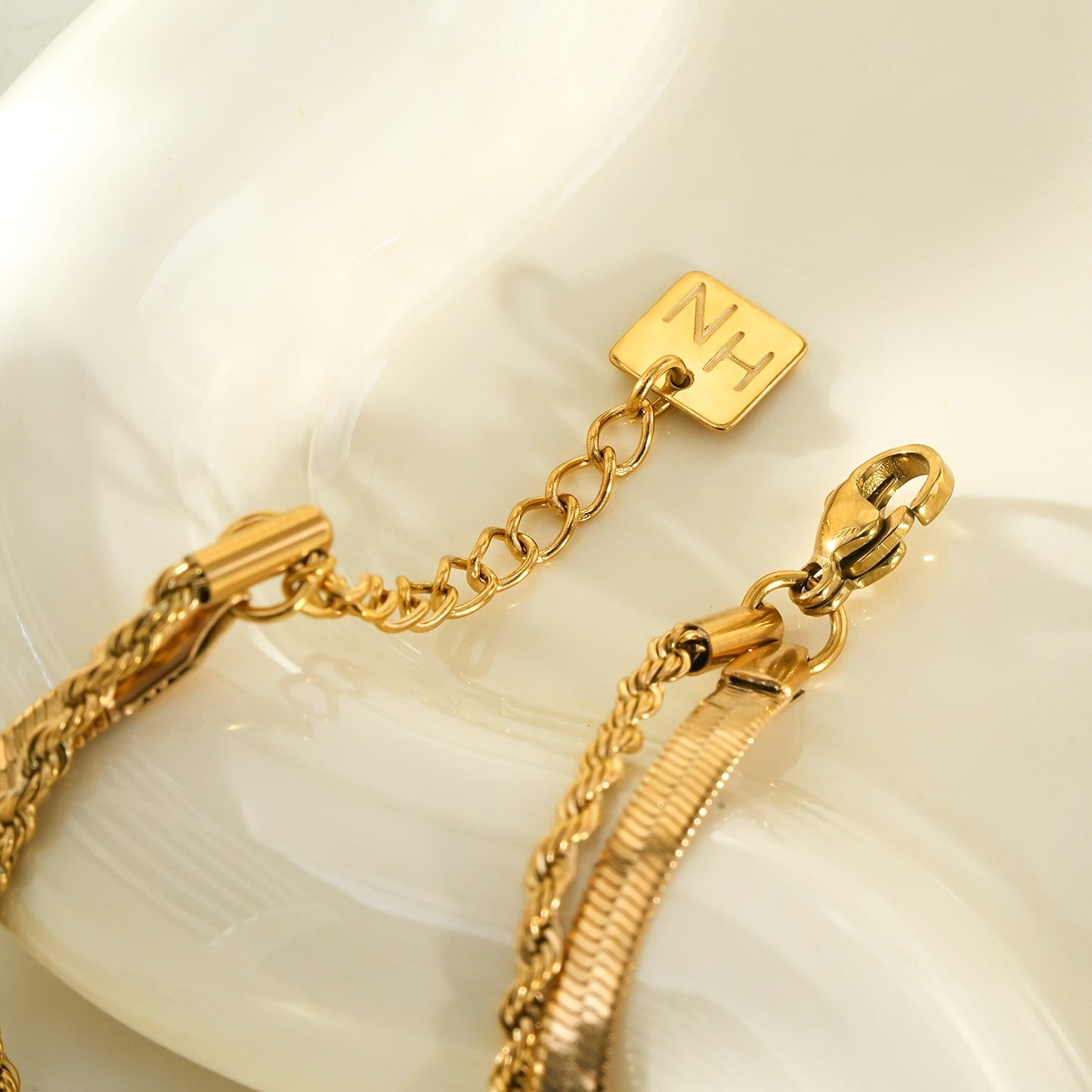 FILSAN Gold: 2-Layered Flat Snake Chain & Rope Chain Bracelet
