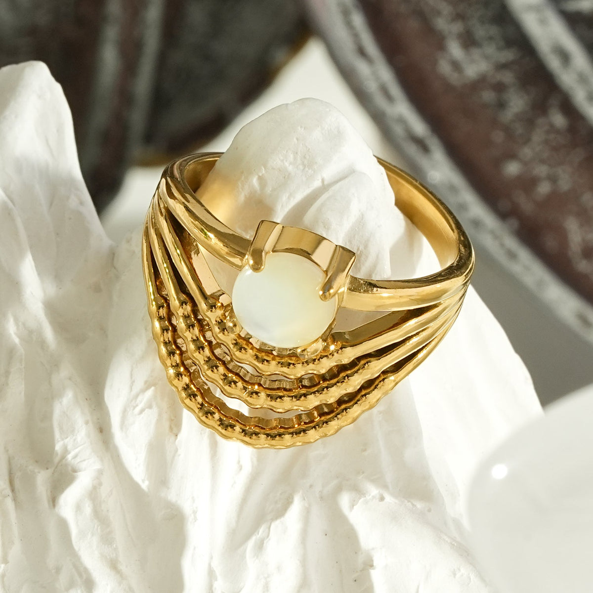 AURELYSSE Gold Ring: Sculpted Gold Layers with Ivory Stone