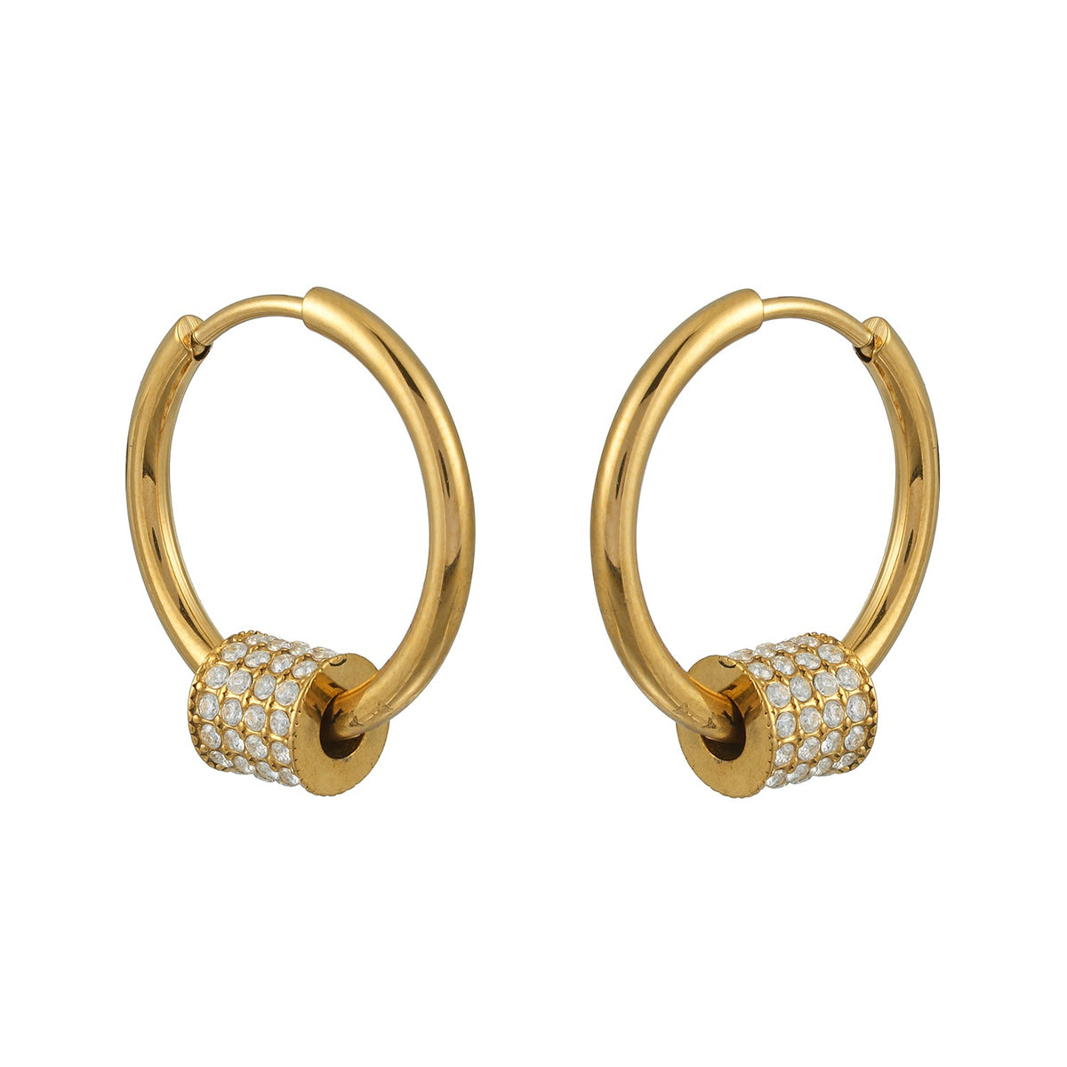 DUNIYA Gold: Gold Hoop Earrings with Barrel Pavé Diamond Charm – Luxe Modern Style