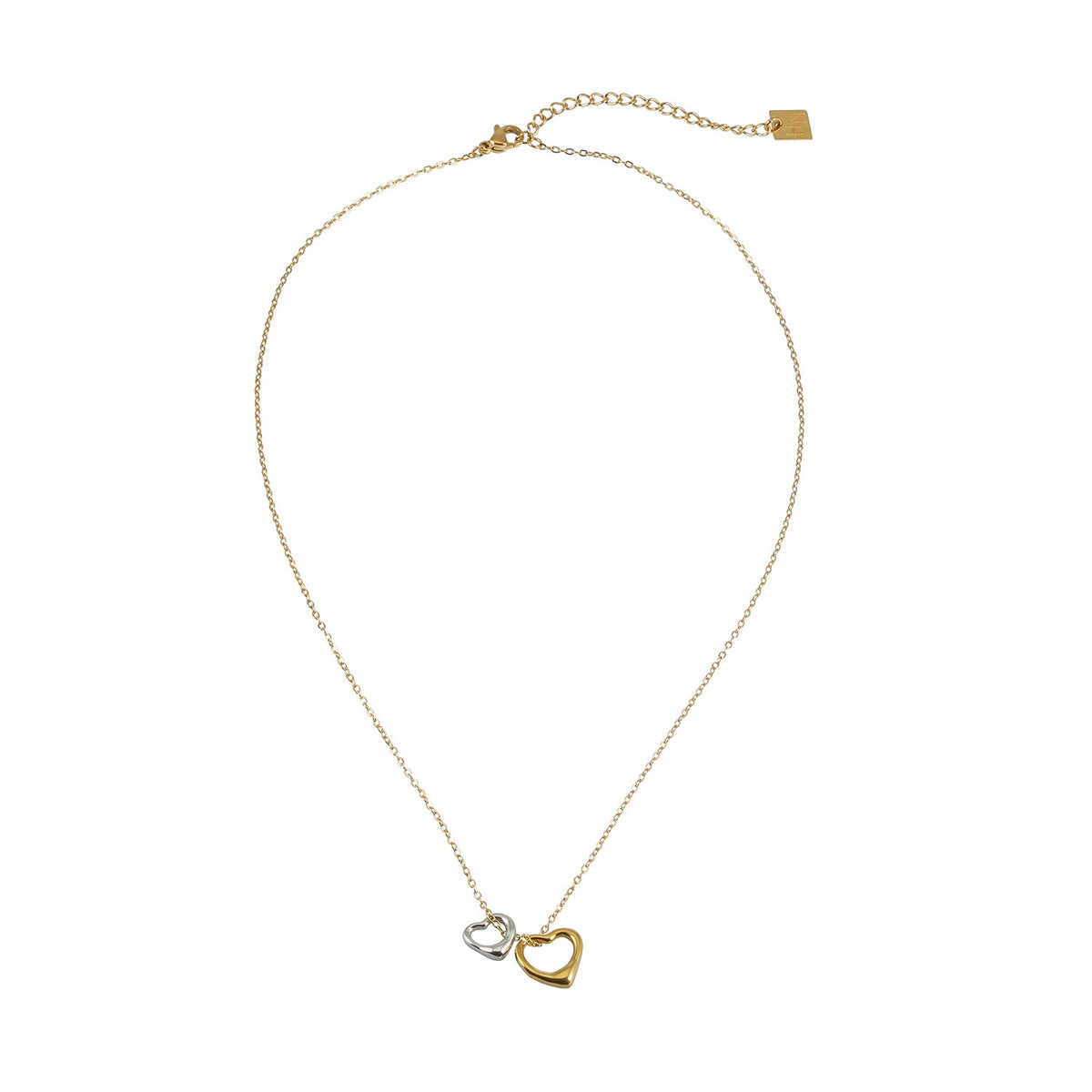 LOLANDA Gold+Silver: Dainty Gold Chain Necklace with Two Abstract Heart Charms in Gold & Silver