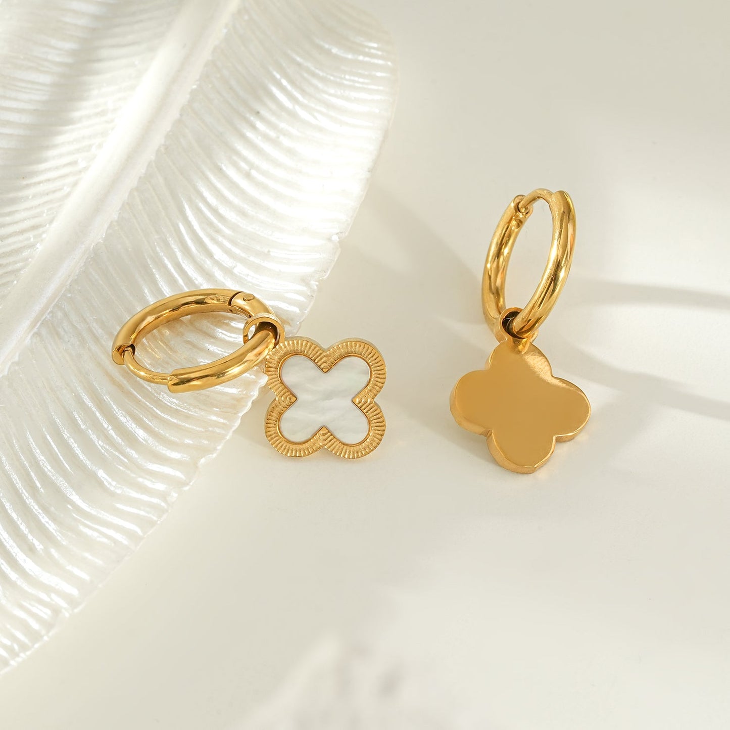 KADSRA Gold: Clover Shaped Shell Charm on A Classic Round Hoop
