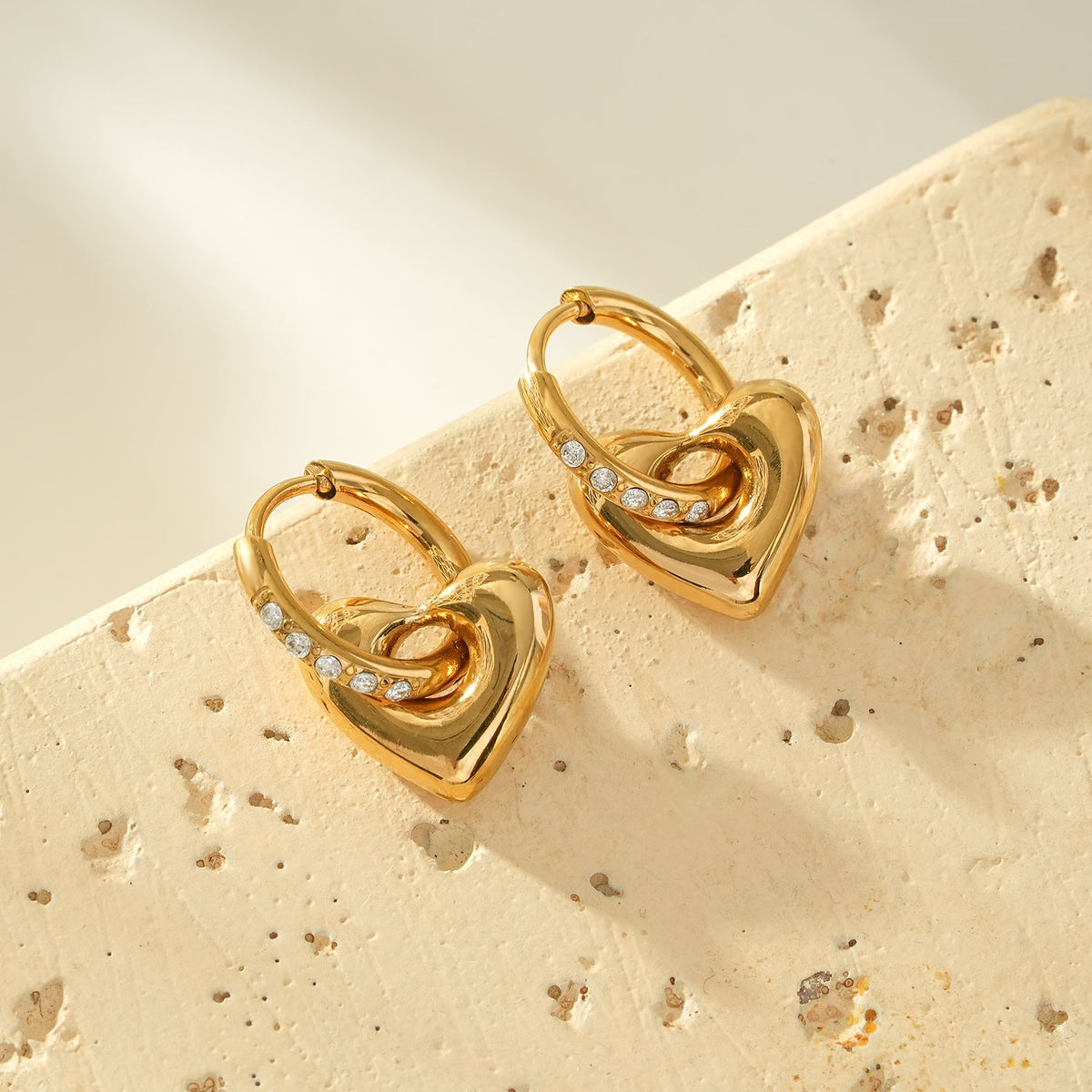 BISHAARA Gold: Zirconia Embedded Heart Charm Hoop Earrings – Forever Love