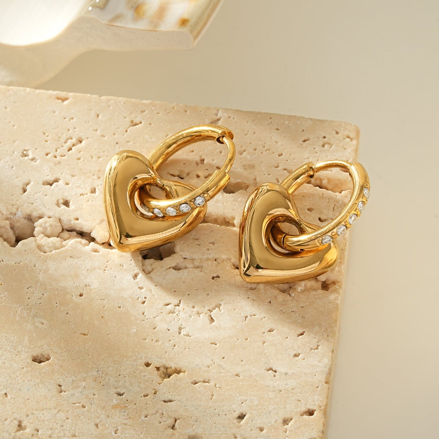 BISHAARA Gold: Zirconia Embedded Heart Charm Hoop Earrings – Forever Love