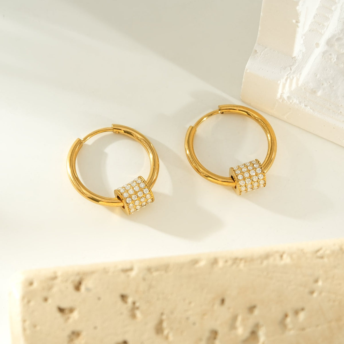 DUNIYA Gold: Gold Hoop Earrings with Barrel Pavé Diamond Charm – Luxe Modern Style