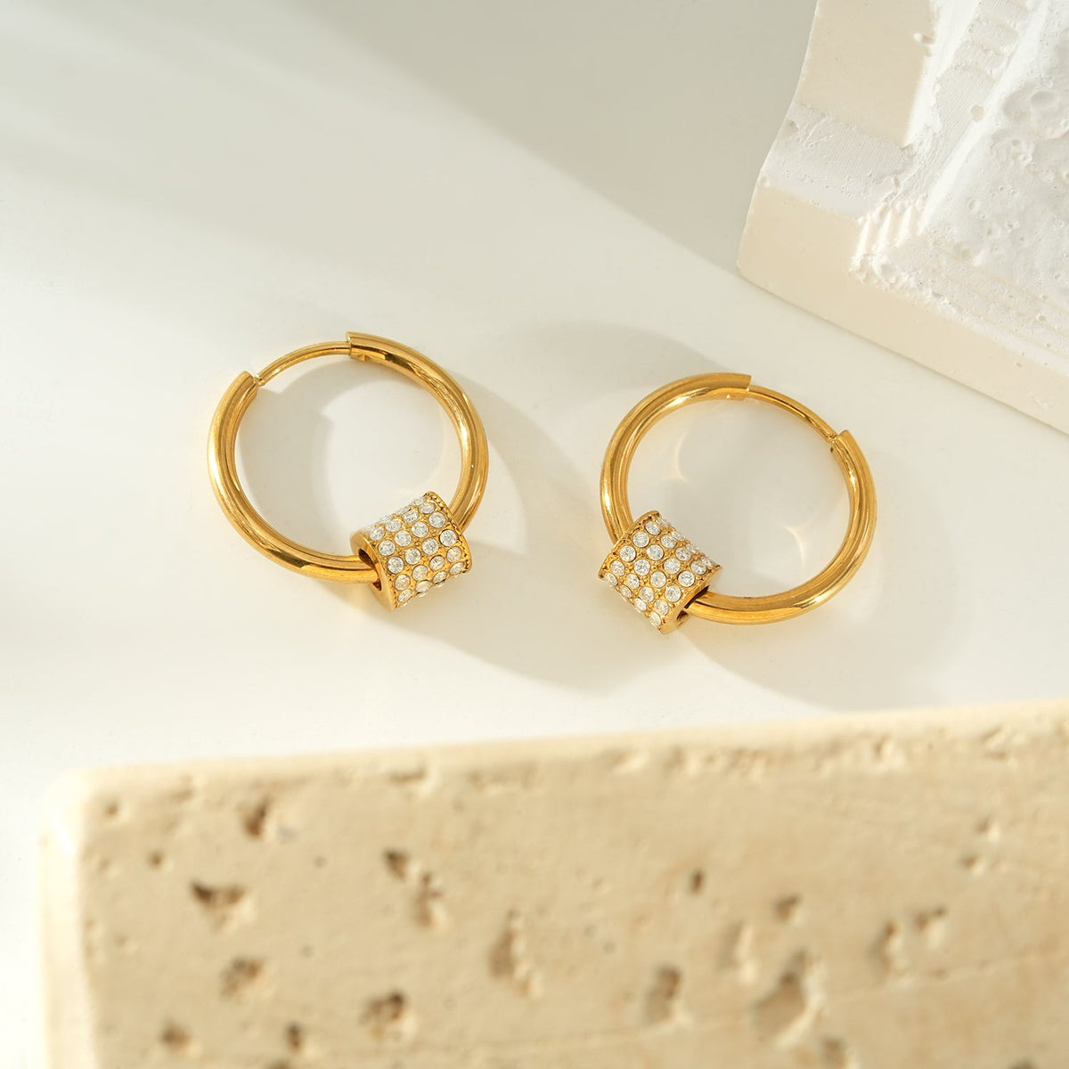DUNIYA Gold: Gold Hoop Earrings with Barrel Pavé Diamond Charm – Luxe Modern Style