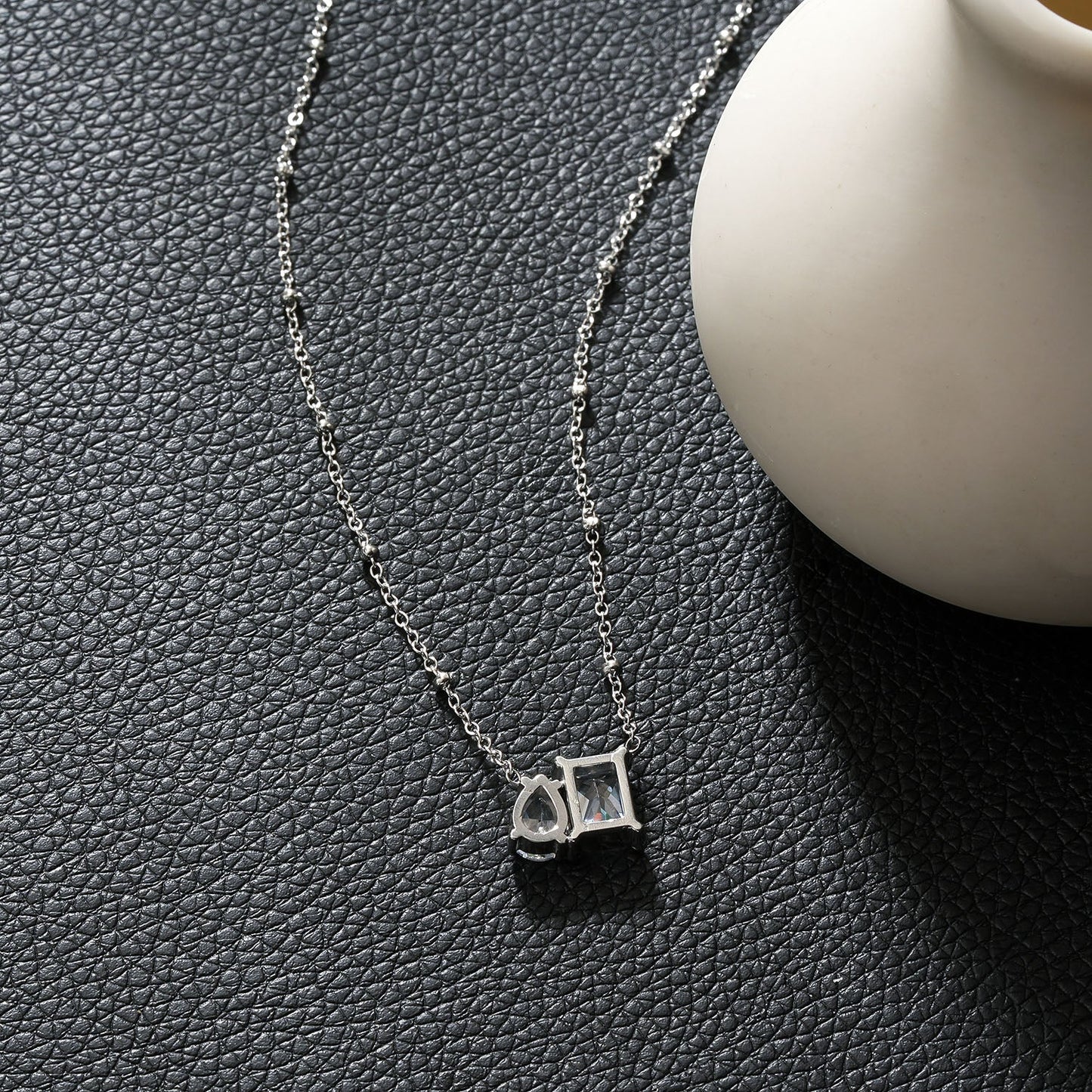 MAFFINA Silver (White Gold): Dainty Beaded Chain Necklace with Duo Zirconia Pendant