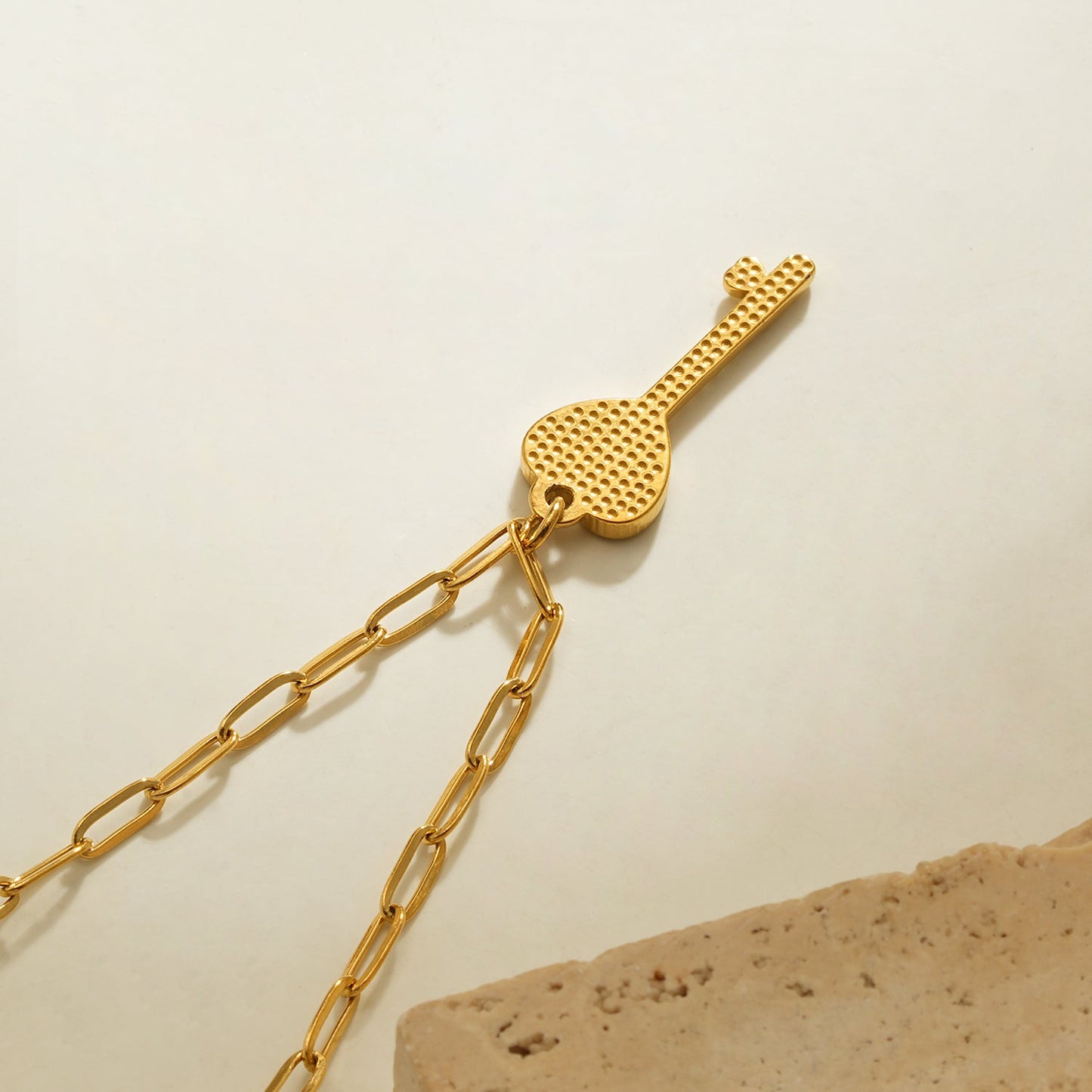 Style JAZRINA Gold: Pavé Key & Heart Pendant on a Paper Clip Chain Necklace
