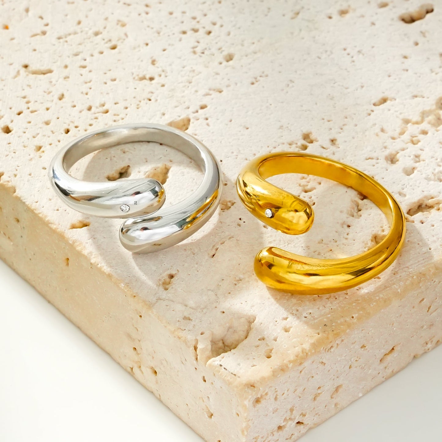 GARUVA: Modern Abstract Ring with Solitaire Zirconia Gemstone in White Gold (Silver Toned)
