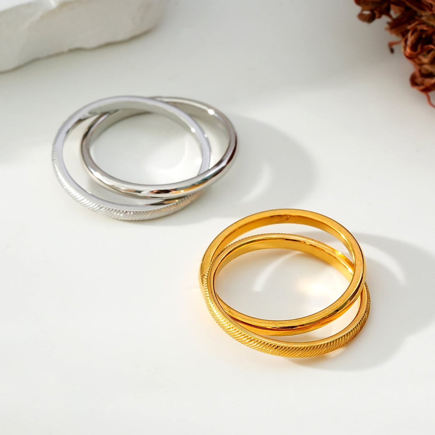 GILBERT: Double Banded Interconnected Stack Ring in White Gold (Silver Toned)