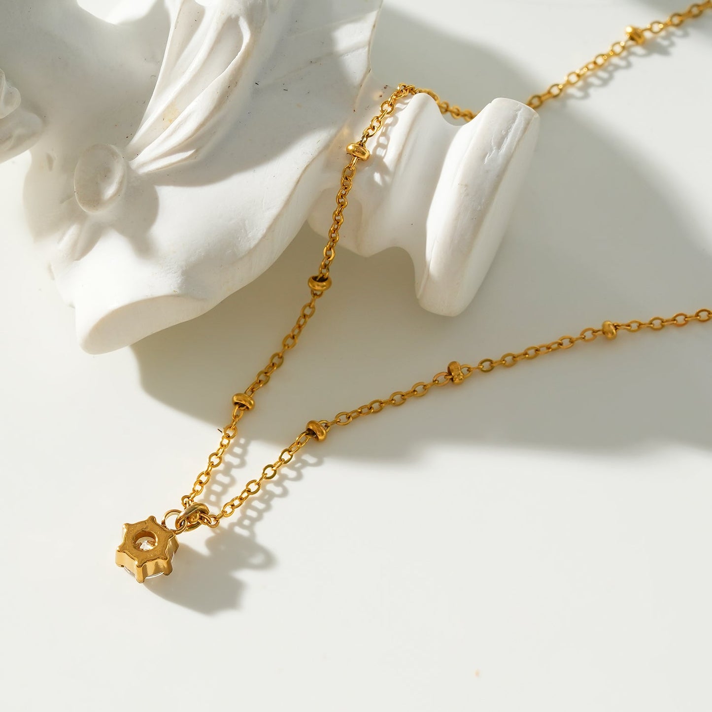 Style KADIRI Gold: Solitaire Zirconia Charm Pendant on a Beaded Chain Necklace