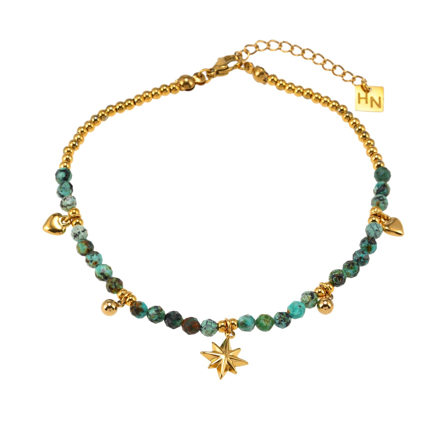 Style KAVYA LG 9861: Blue Turquoise Stones with Gold Beads & Charms Chain Anklet.