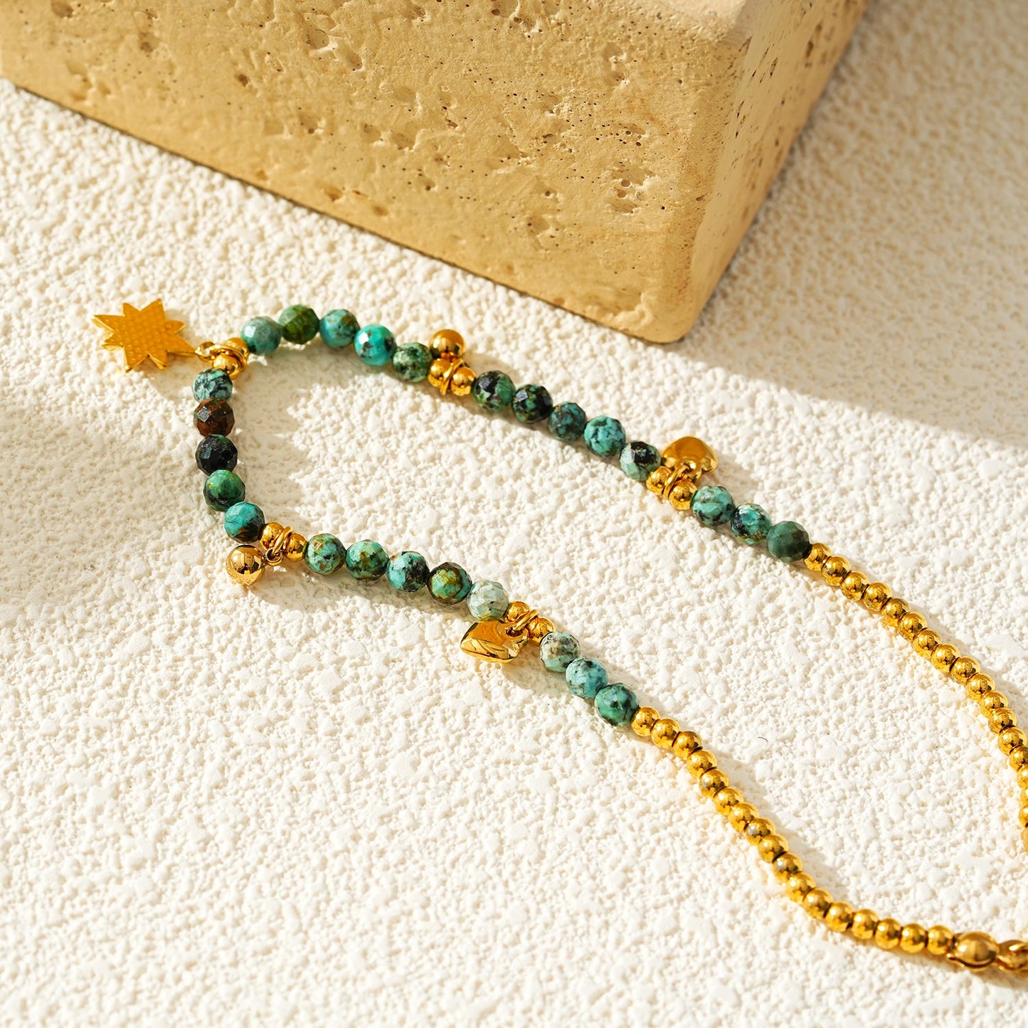 Style KAVYA LG 9861: Blue Turquoise Stones with Gold Beads & Charms Chain Anklet.