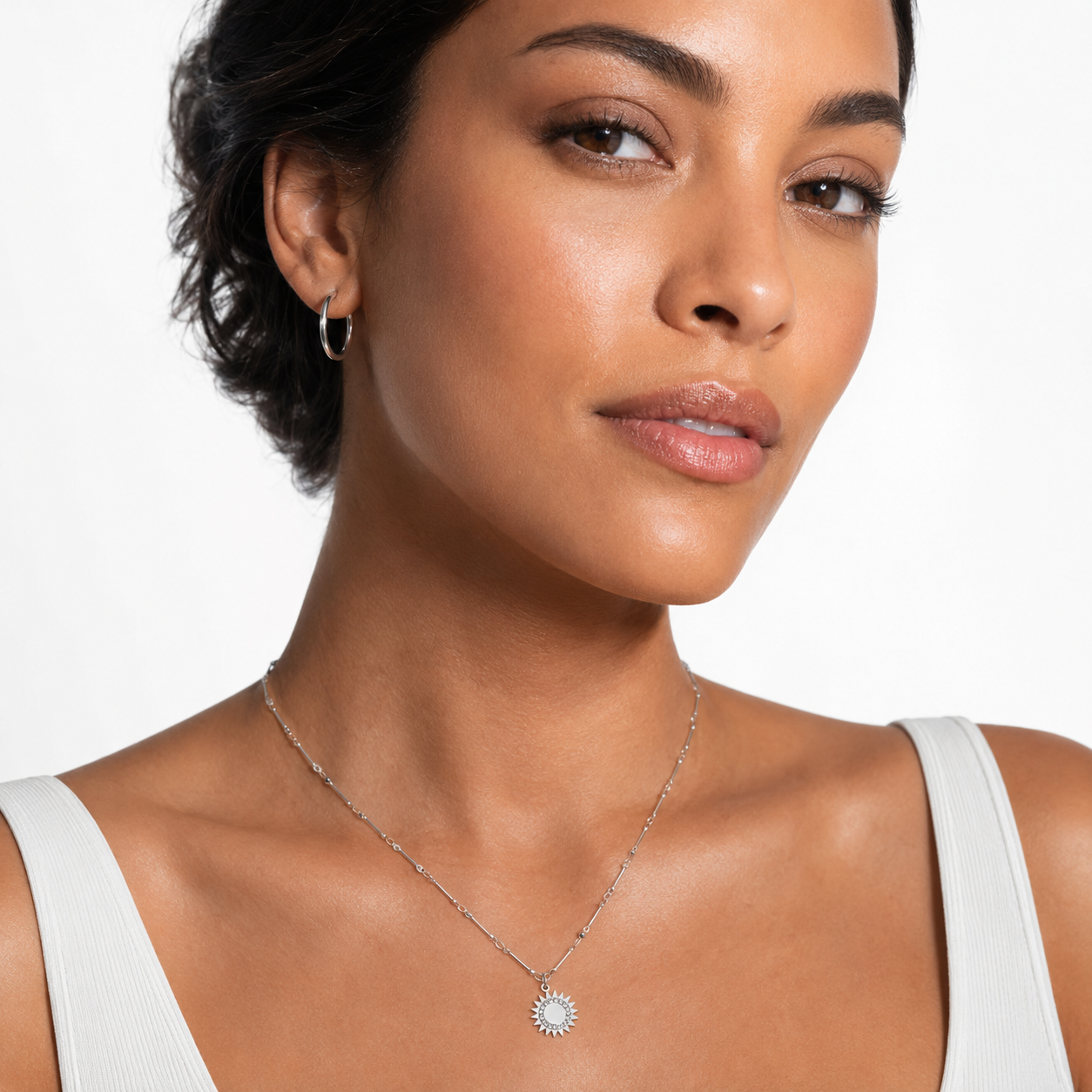 NOMIA White Gold (Silver Toned): Radiant Sunburst Pendant Zirconia Chain Necklace