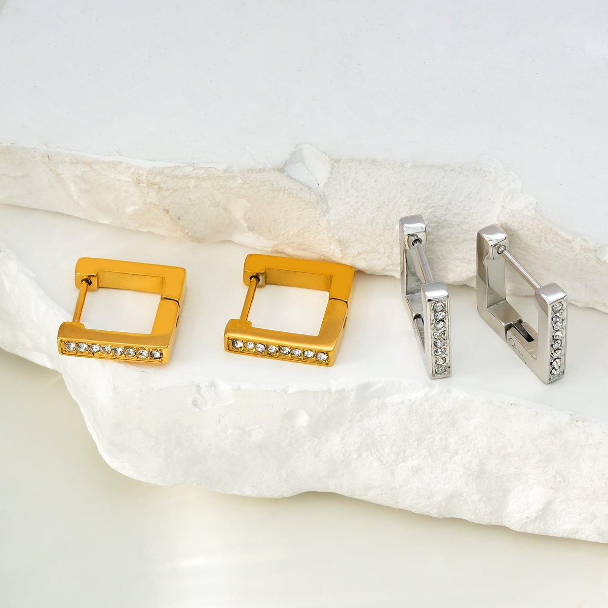 PAIA White Gold (Silver Toned): Tiny Squared Shape Hoop Earrings Embedded with Zirconia Gemstones