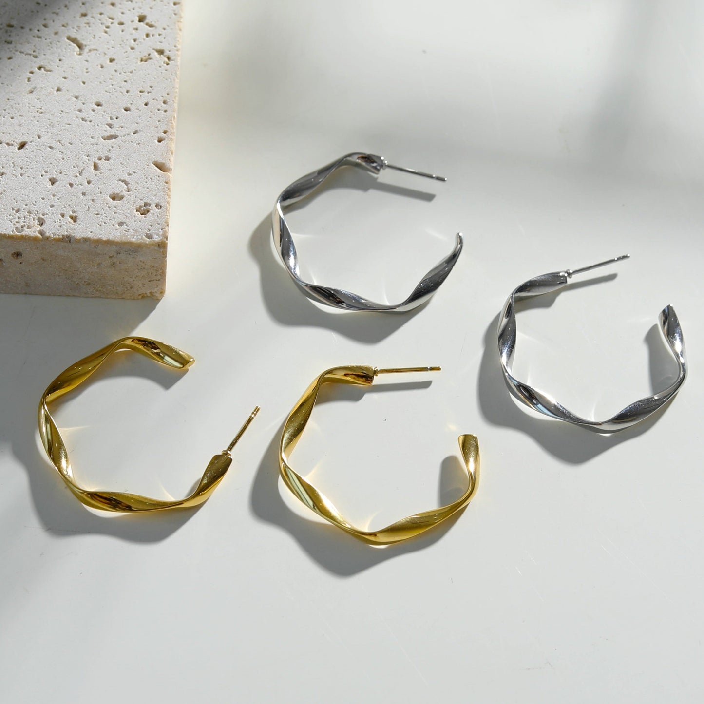 RIMINI Silver (White Gold): Sculpted Twist Hoop Earrings