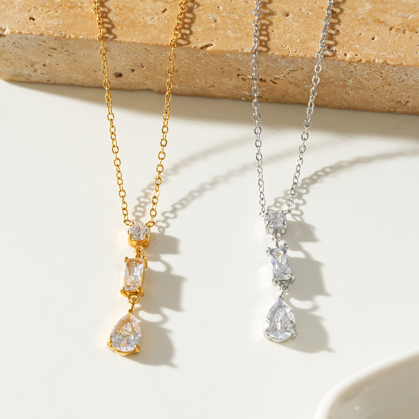 Style ROCHINA Gold & Silver: A Trio of Zirconia Charms Pendant Chain Necklace