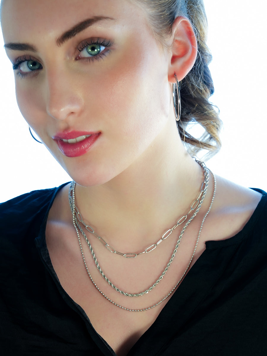SELENE: Triple Layer Mixed Chain Necklace in Silver Toned White Gold