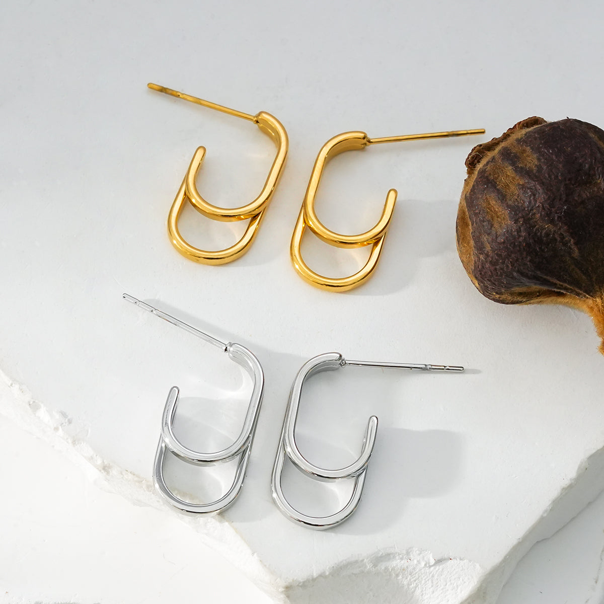 St SIMON White Gold (Silver Toned): Rounded Corners Double Rectangle Hoop Earrings