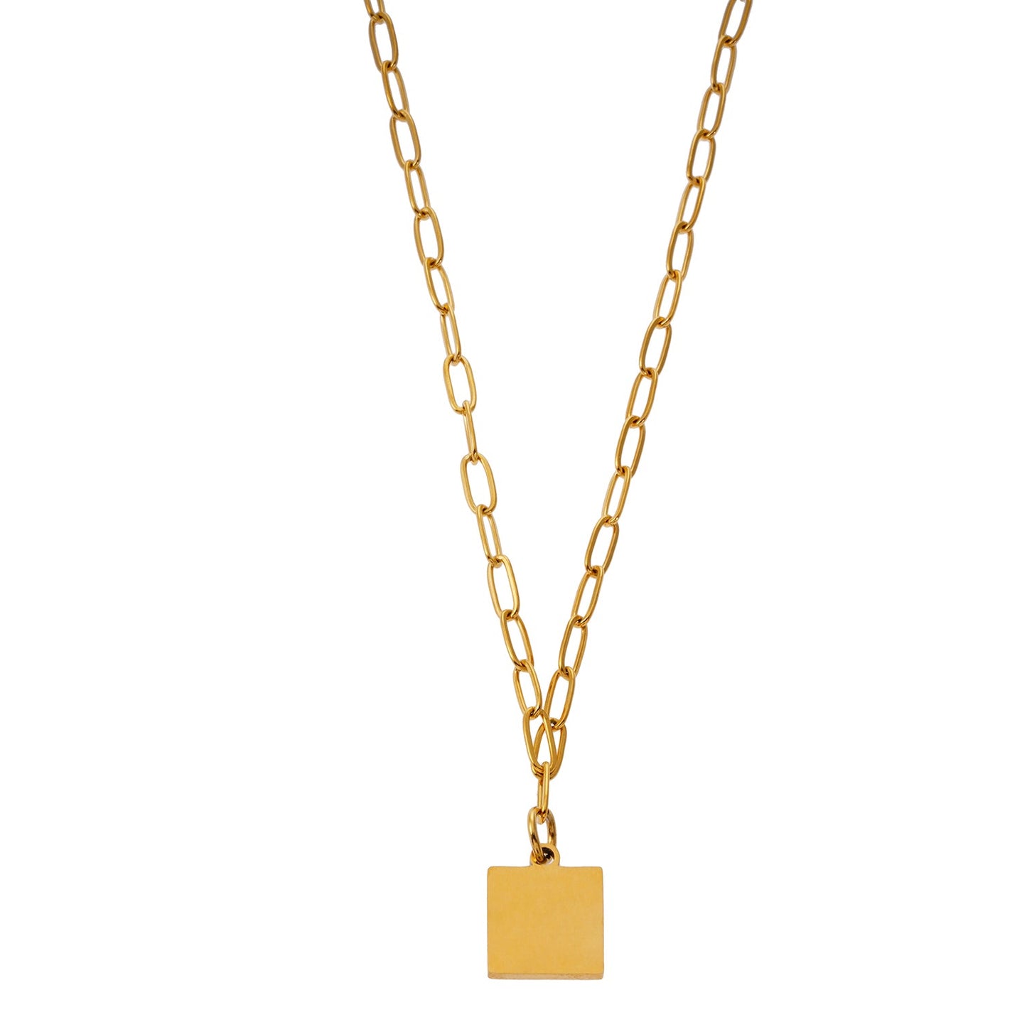Style ANNABELLA 0092: Minimalist Metal & Shell Square Pendant on a Paper-Clip Chain Necklace.