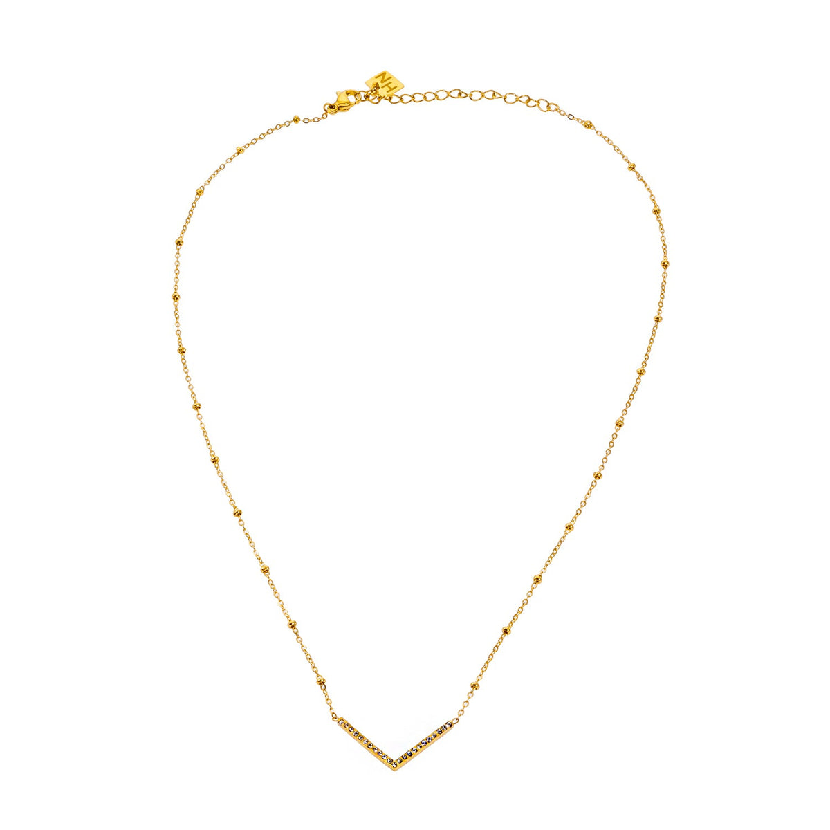 Style SANITA 9712: Beaded Dainty Chain Anchoring 'V' Shaped Zirconia Embedded Pendant Charm.