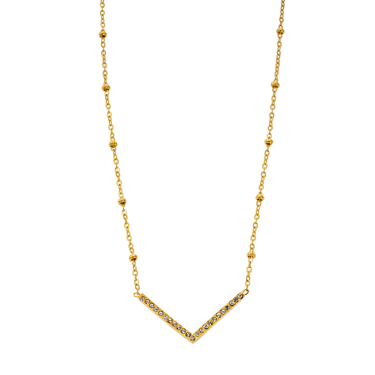 Style SANITA 9712: Beaded Dainty Chain Anchoring 'V' Shaped Zirconia Embedded Pendant Charm.