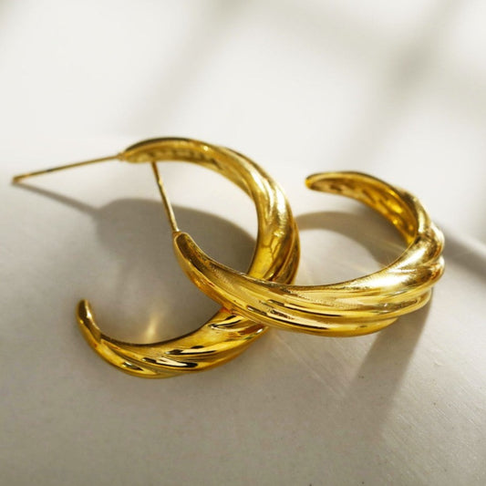 DORSINA Textured Lines Hoop Gold Earrings. Inspired by Nature.