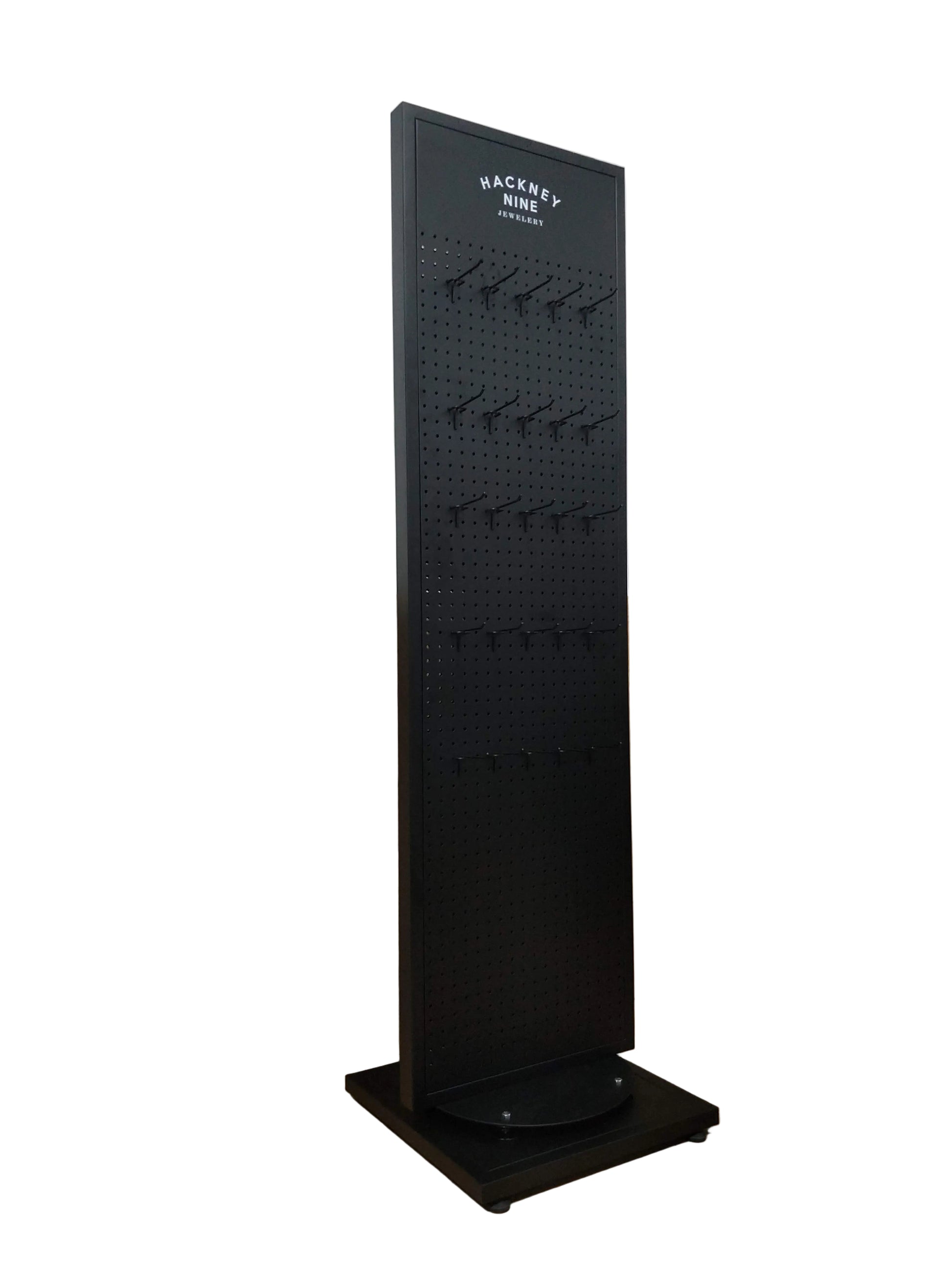 HACKNEY NINE Double-Sided Spinning Metal Floor Display Stand – Black Matte Luxe Pegboard With Logo