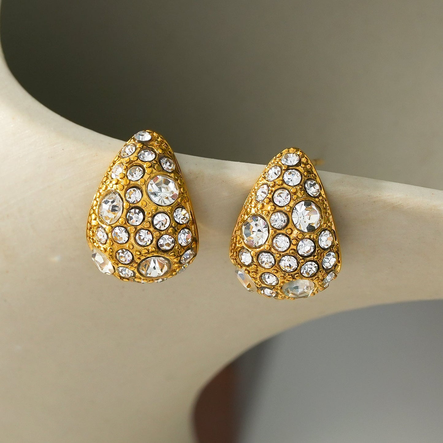 ADALAJ Gold:  Pavé Zirconia Tear Drop Stud Earrings - Statement of Confidence