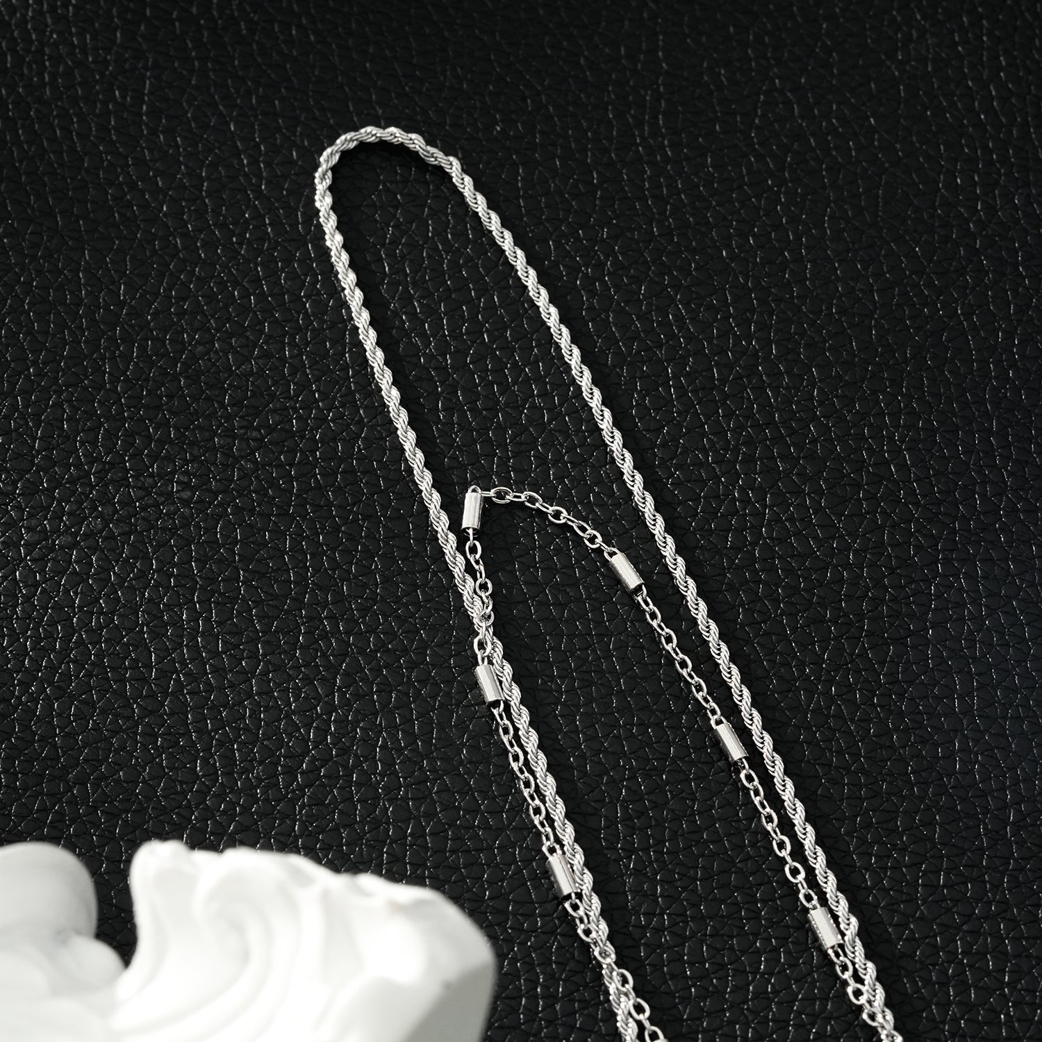 ADDA: Double Layer Mixed Chain Necklace in Silver Toned White Gold