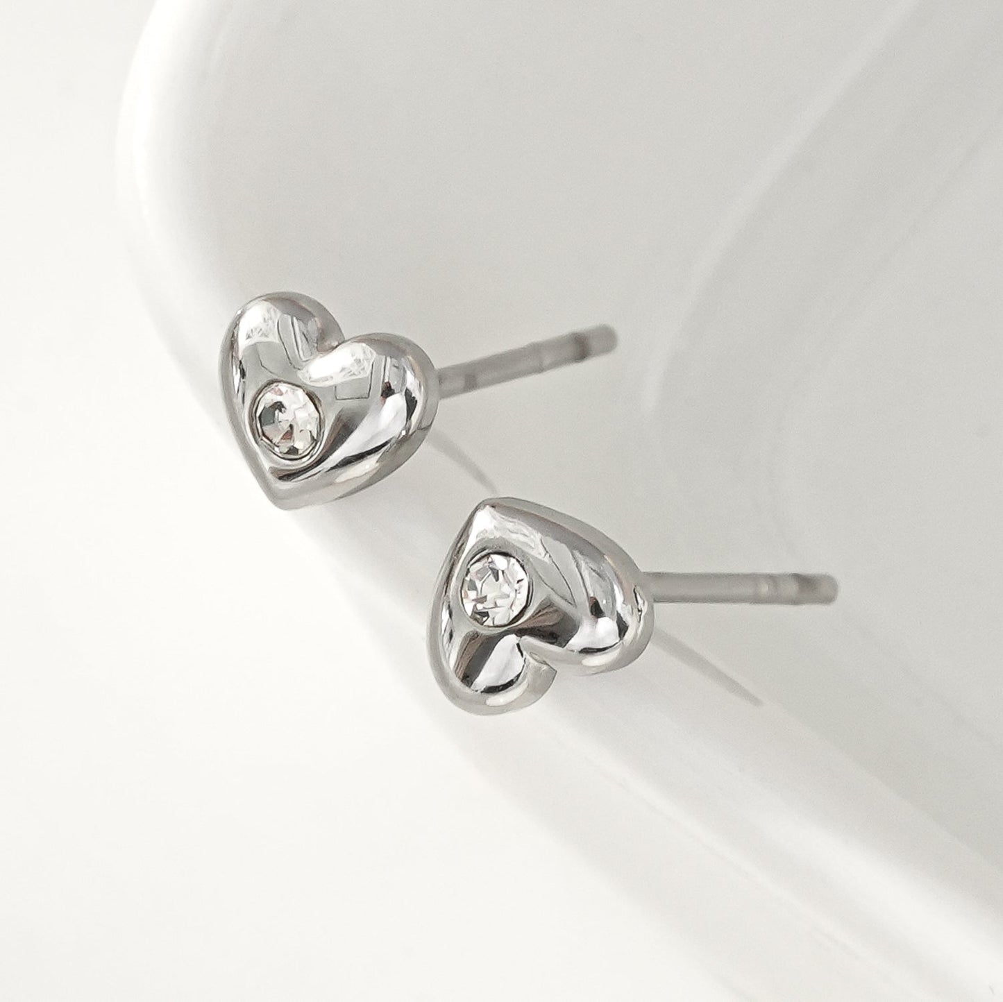 ADORE: Puffy Silver Heart Shaped Solitaire Zirconia Stud Earrings