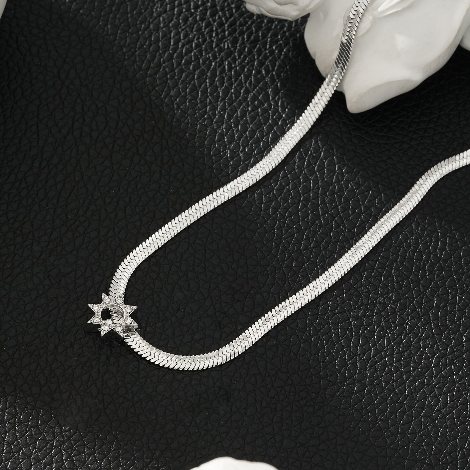 AGULAS White Gold (Silver Toned): Celestial Elegance - Snake Skin Chain Necklace with Star Charm