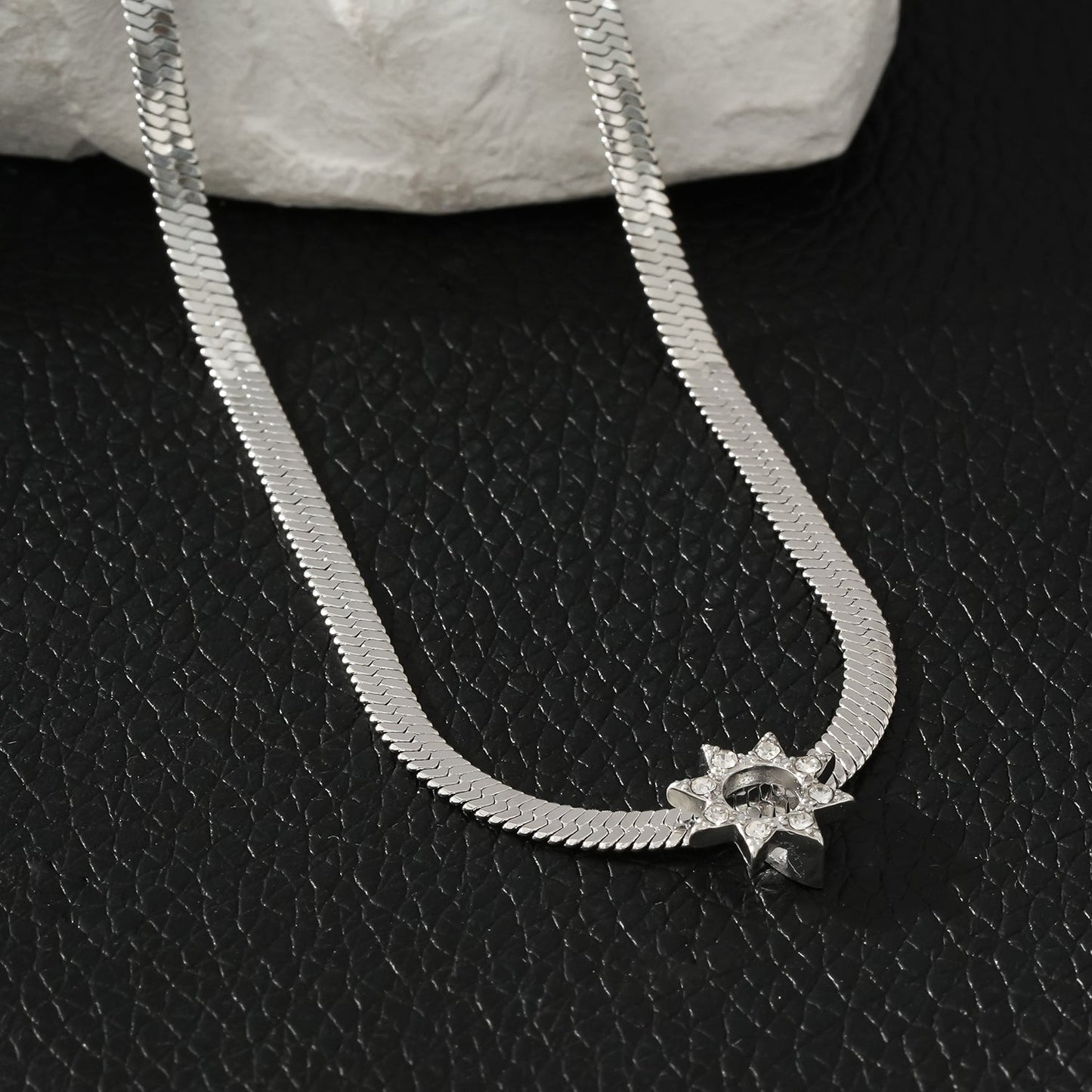 AGULAS White Gold (Silver Toned): Celestial Elegance - Snake Skin Chain Necklace with Star Charm