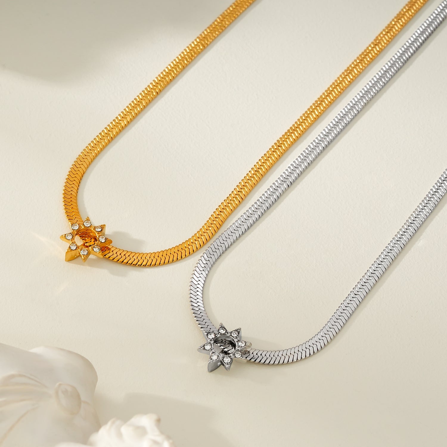 AGULAS White Gold (Silver Toned): Celestial Elegance - Snake Skin Chain Necklace with Star Charm