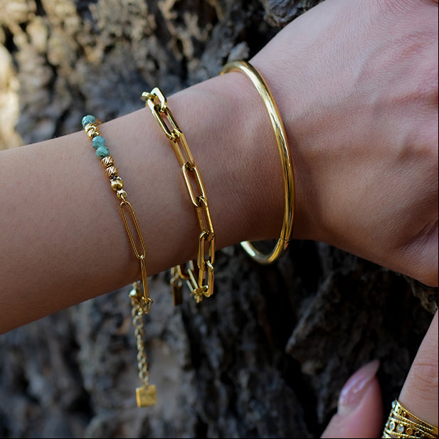 AIJAMI: Link-Chain, Gold Beads & African Turquoise Natural Stones Bracelet