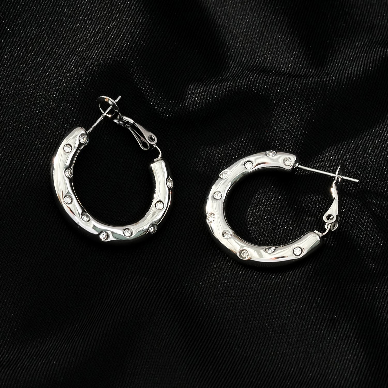 ALFRISTON White Gold (Silver Toned): Mid-Width Hoops Embedded with Zirconia (CZ) Gemstones