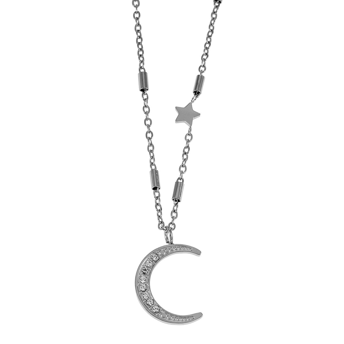 ALMERIA Silver (White Gold): Celestial Magic - Zirconia Embedded Crescent Moon and Star Necklace