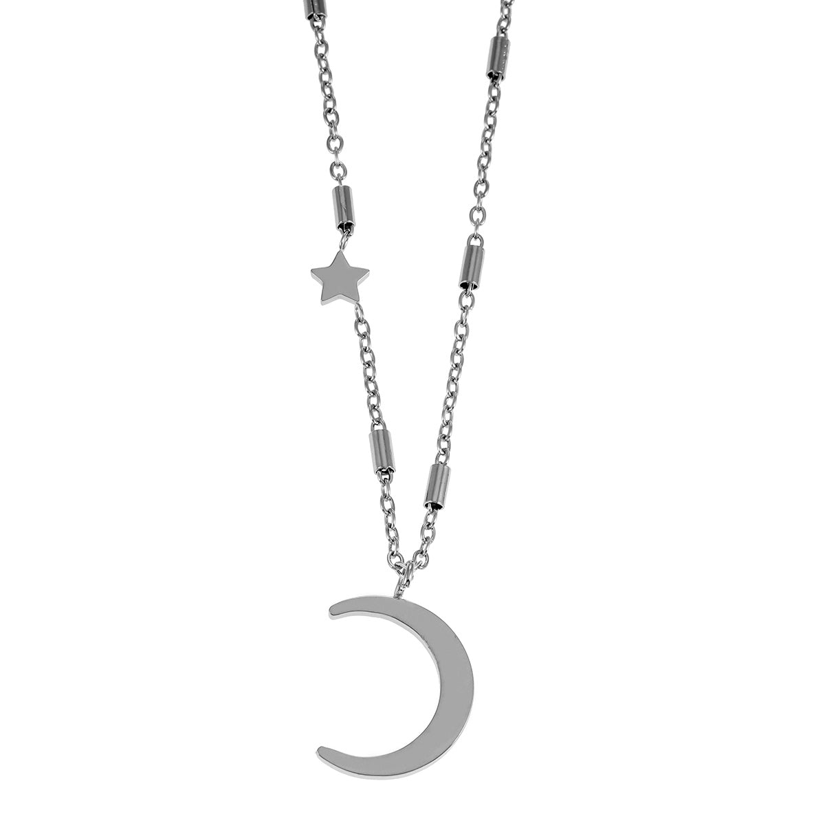 ALMERIA Silver (White Gold): Celestial Magic - Zirconia Embedded Crescent Moon and Star Necklace