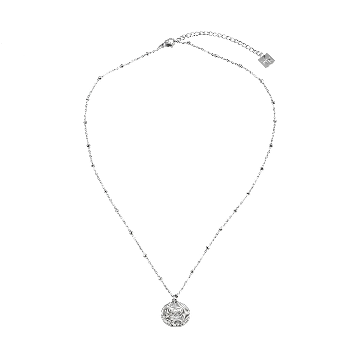 Style AMASA 52207S: Beaded Chain with Star &amp; Pavé Crescent Moon Zirconia Charm - Silver