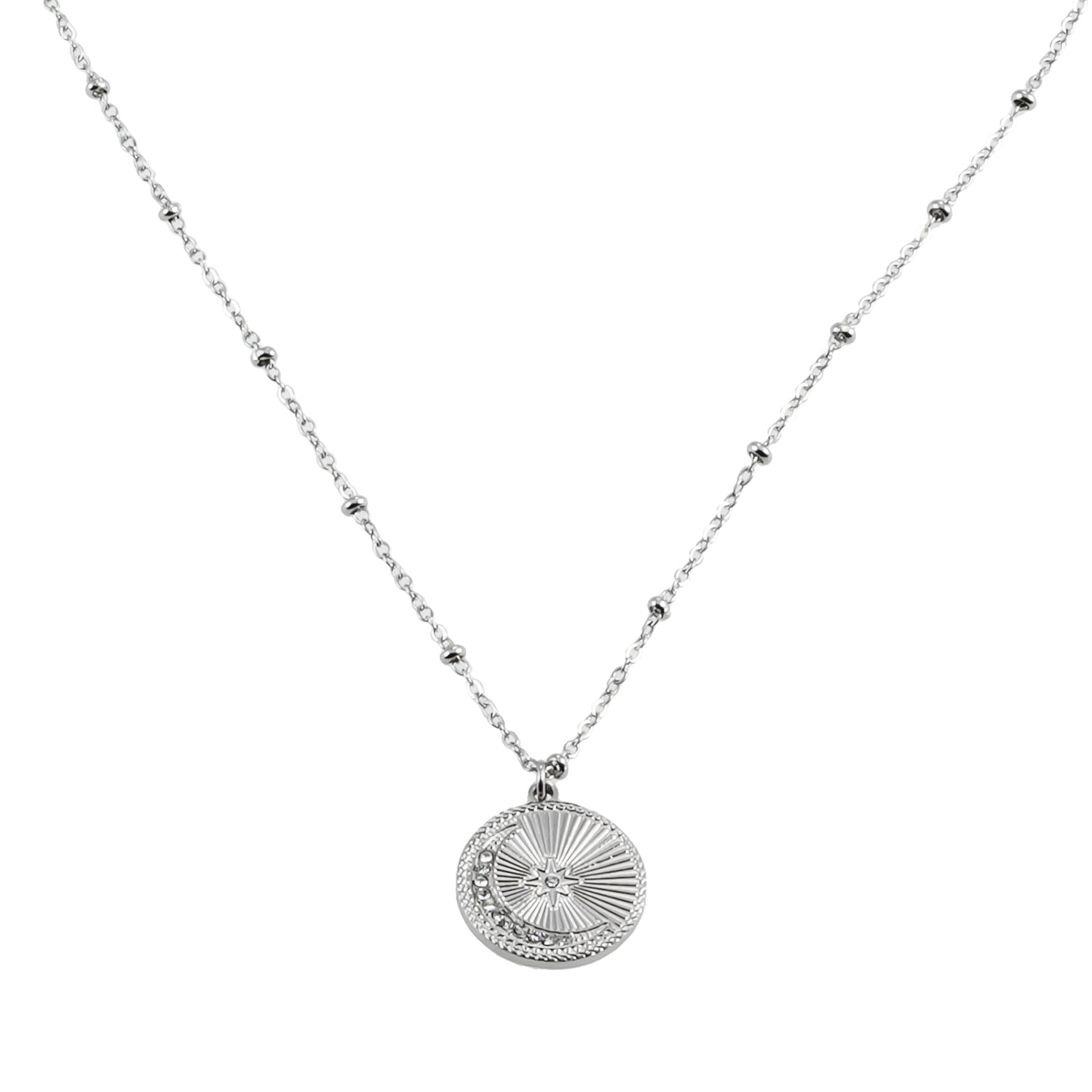 Style AMASA 52207S: Beaded Chain with Star &amp; Pavé Crescent Moon Zirconia Charm - Silver