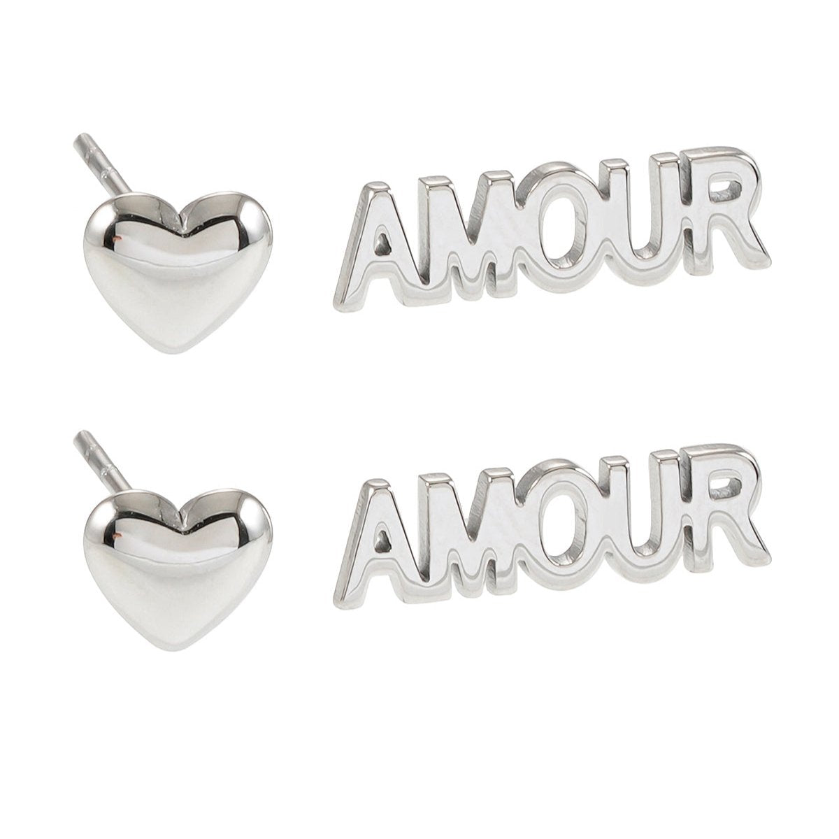 AMOUR & HEART Symbol – Romantic Statement 2-Pair Stud Earrings in Silver Toned White Gold