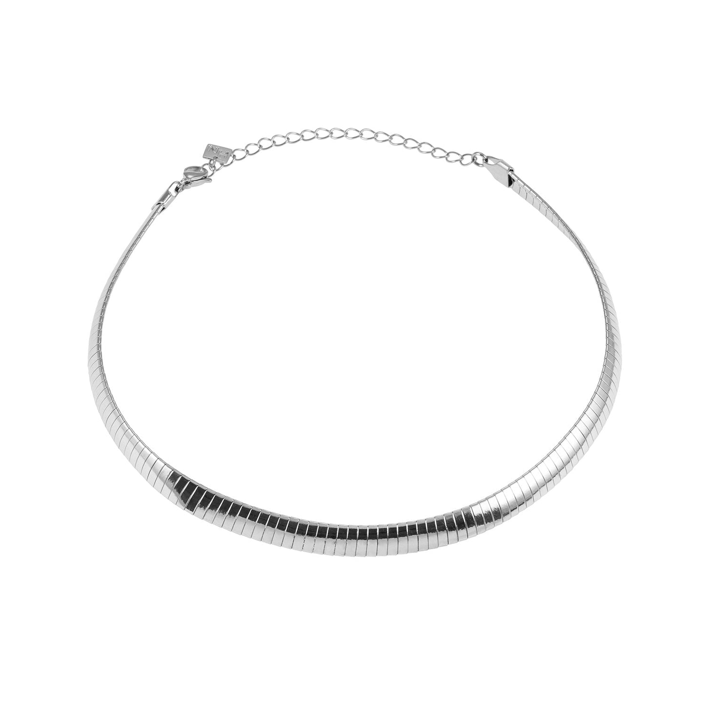 ANJILMA Silver Toned White Gold: Minimalist Textured Choker Collar Necklace.