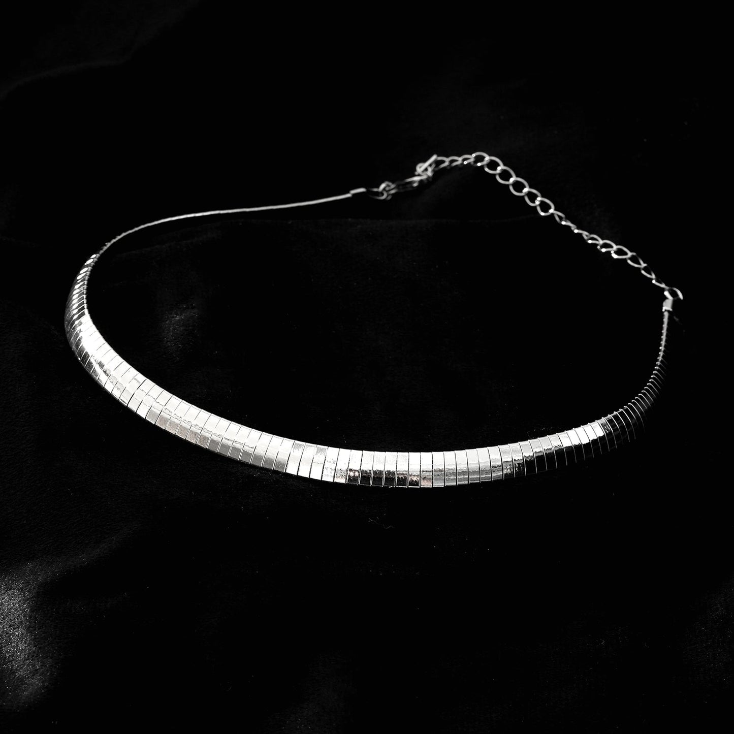 ANJILMA Silver Toned White Gold: Minimalist Textured Choker Collar Necklace.