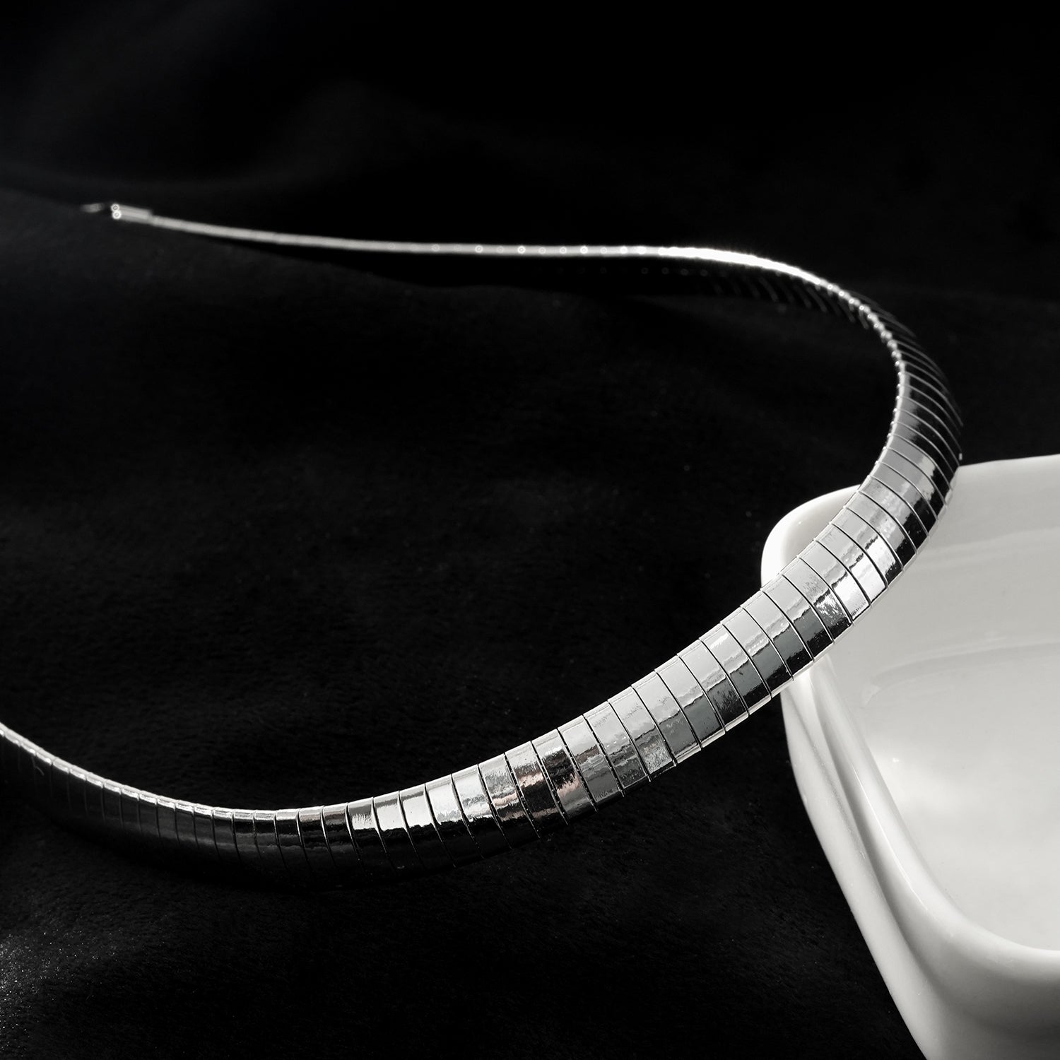 ANJILMA Silver Toned White Gold: Minimalist Textured Choker Collar Necklace.