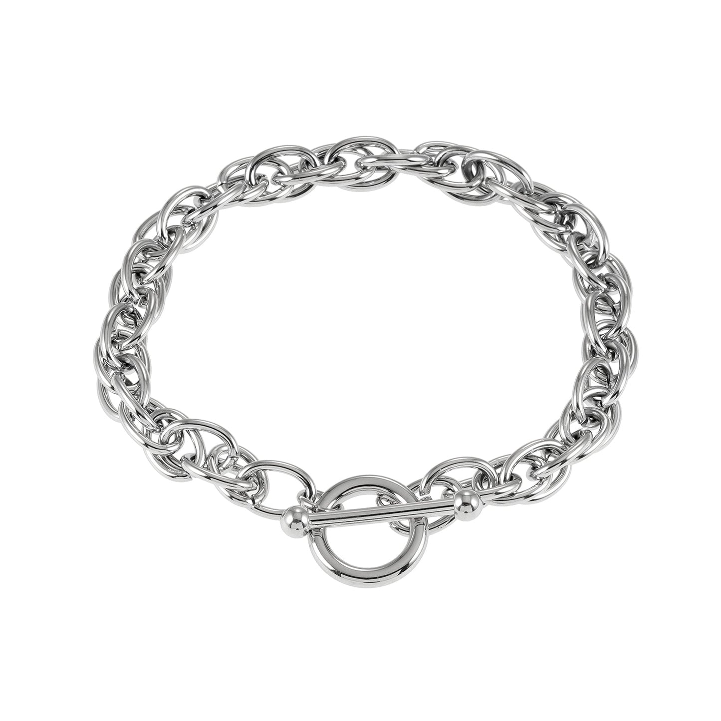 ARDA Silver (White Gold): Chunky Intricate Multi-Link Bracelet with Circle & T-Stopper