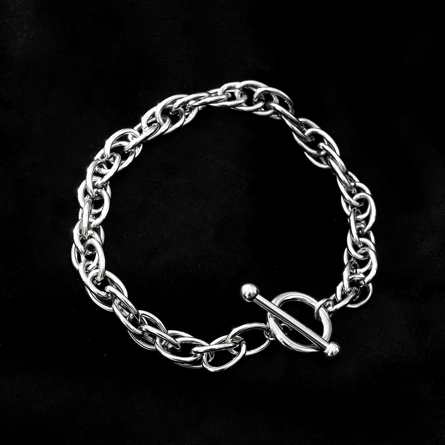 ARDA Silver Toned White Gold: Chunky Intricate Multi-Link Bracelet with Circle & T-Stopper 