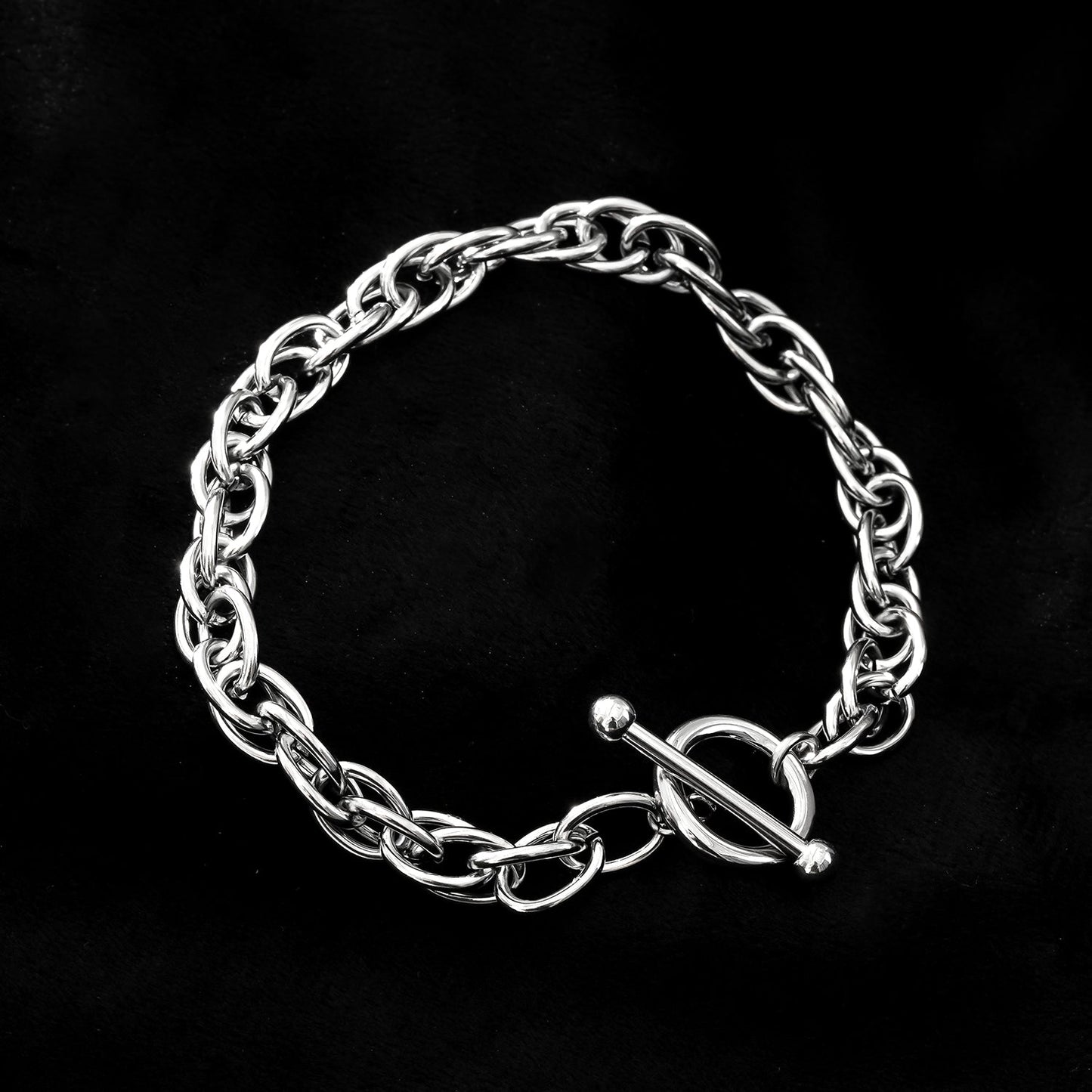 ARDA Silver (White Gold): Chunky Intricate Multi-Link Bracelet with Circle & T-Stopper