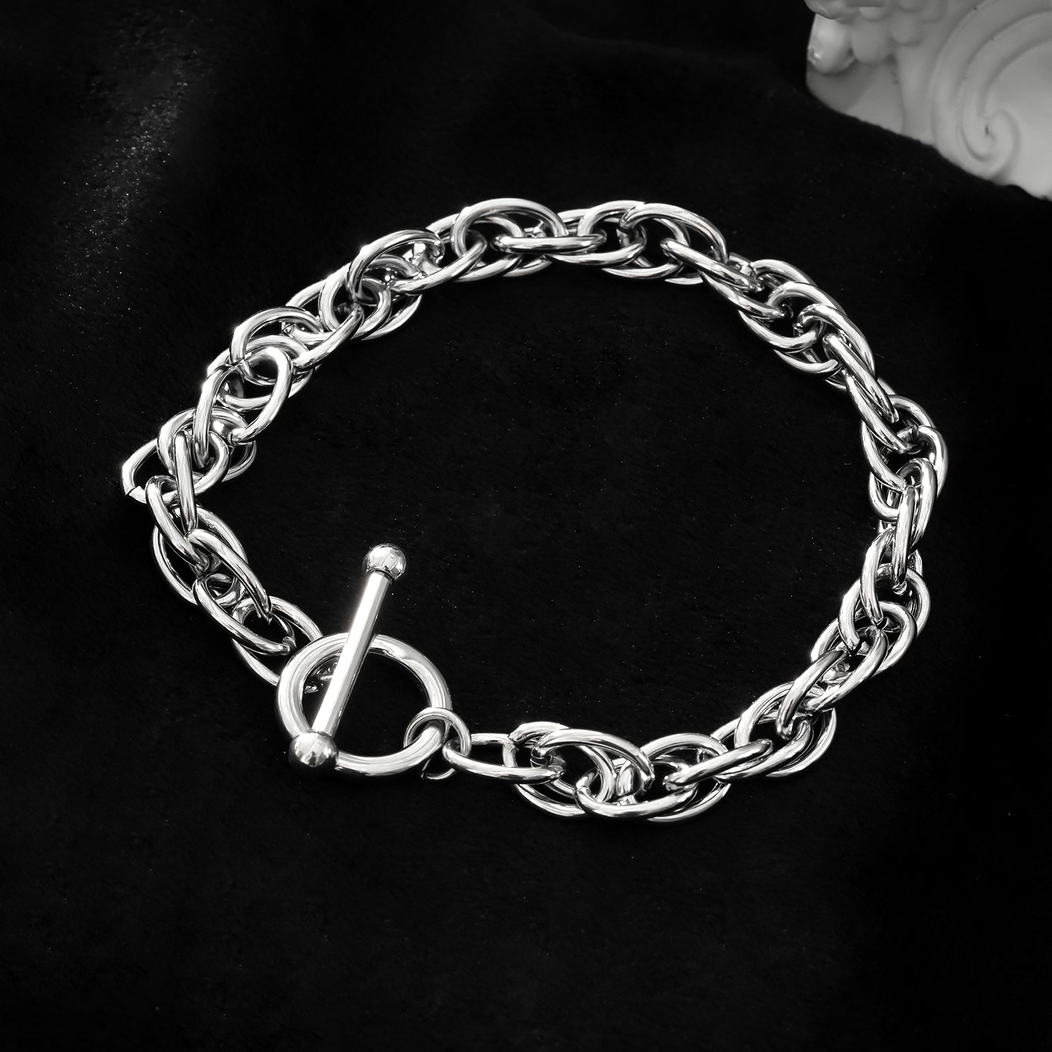 ARDA Silver Toned White Gold: Chunky Intricate Multi-Link Bracelet with Circle & T-Stopper 