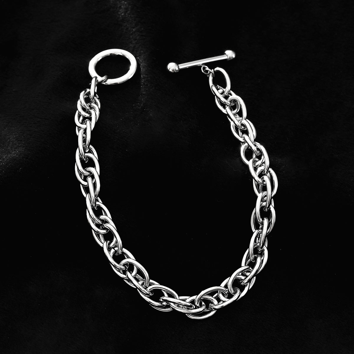 ARDA Silver (White Gold): Chunky Intricate Multi-Link Bracelet with Circle & T-Stopper