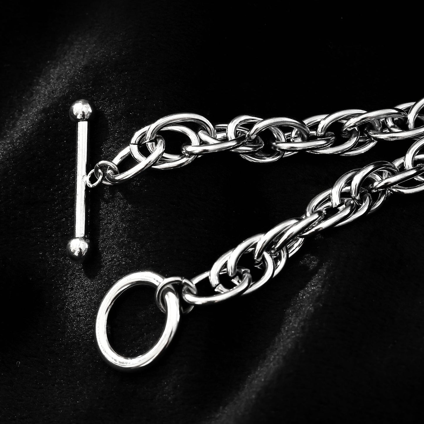 ARDA Silver (White Gold): Chunky Intricate Multi-Link Bracelet with Circle & T-Stopper